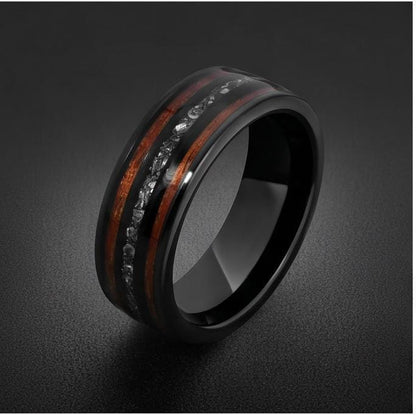 Mens Meteorite Wedding Band ~ Mens Koa Wood Ring ~ Tungsten Carbide Wedding Ring ~ Anniversary Ring 8mm Thick ~ Black Hammere