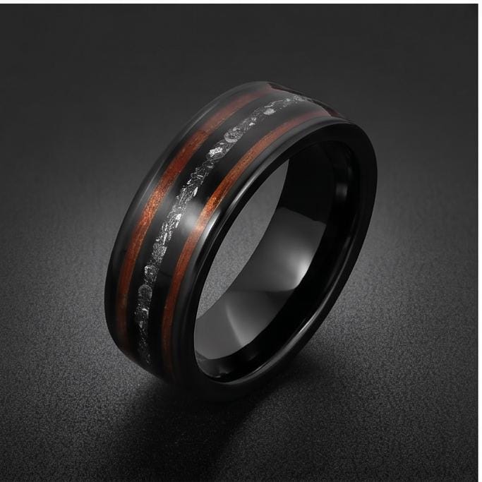 Mens Meteorite Wedding Band ~ Mens Koa Wood Ring ~ Tungsten Carbide Wedding Ring ~ Anniversary Ring 8mm Thick ~ Black Hammere