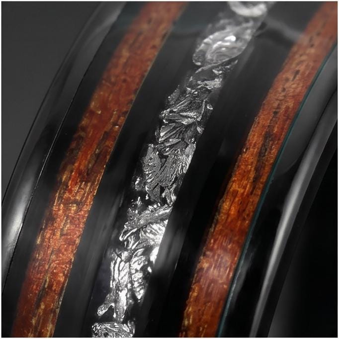 Mens Meteorite Wedding Band ~ Mens Koa Wood Ring ~ Tungsten Carbide Wedding Ring ~ Anniversary Ring 8mm Thick ~ Black Hammere