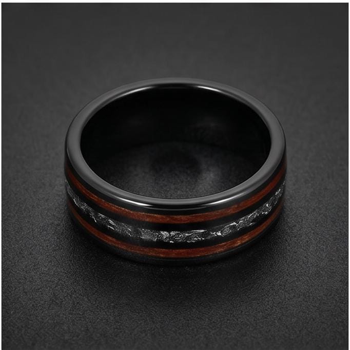 Mens Meteorite Wedding Band ~ Mens Koa Wood Ring ~ Tungsten Carbide Wedding Ring ~ Anniversary Ring 8mm Thick ~ Black Hammere