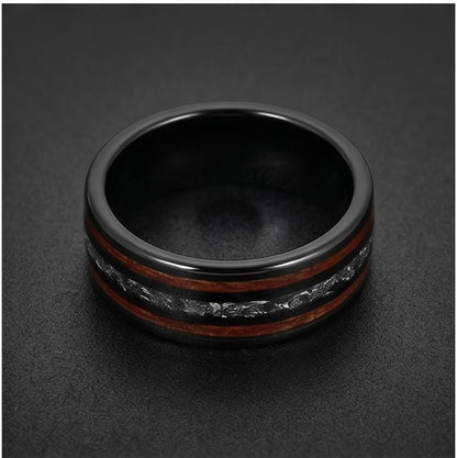 Mens Meteorite Wedding Band ~ Mens Koa Wood Ring ~ Tungsten Carbide Wedding Ring ~ Anniversary Ring 8mm Thick ~ Black Hammere