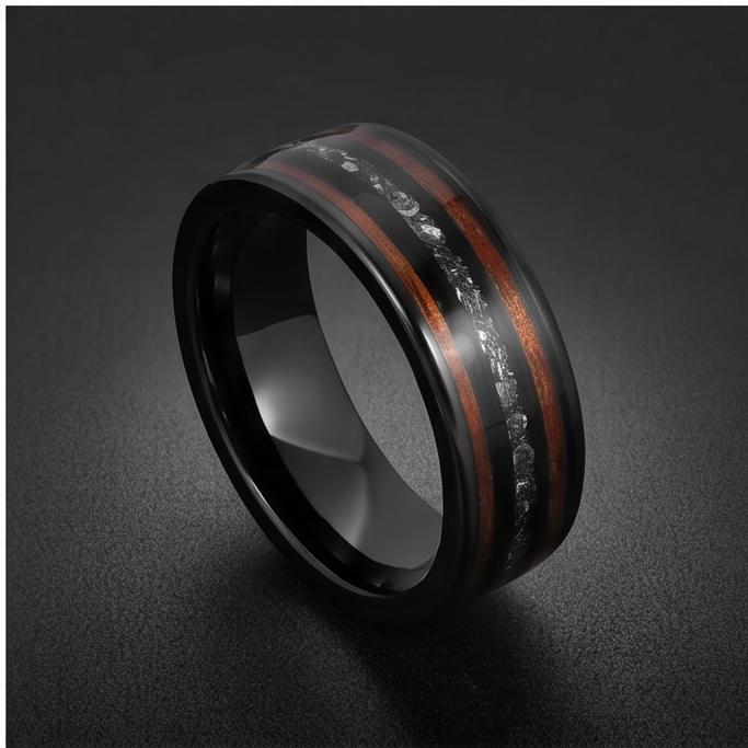 Mens Meteorite Wedding Band ~ Mens Koa Wood Ring ~ Tungsten Carbide Wedding Ring ~ Anniversary Ring 8mm Thick ~ Black Hammere