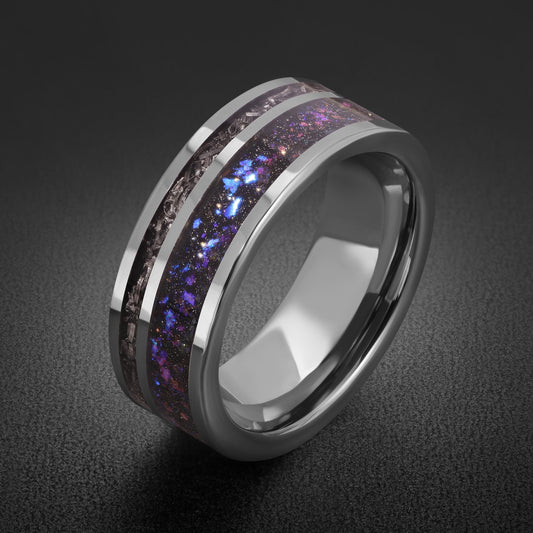 Nebula Ring with Meteorite, Meteorite Ring, Silver Tungsten Ring, Silver Wedding Ring, Mens Wedding Band, Mens Ring, Annivers
