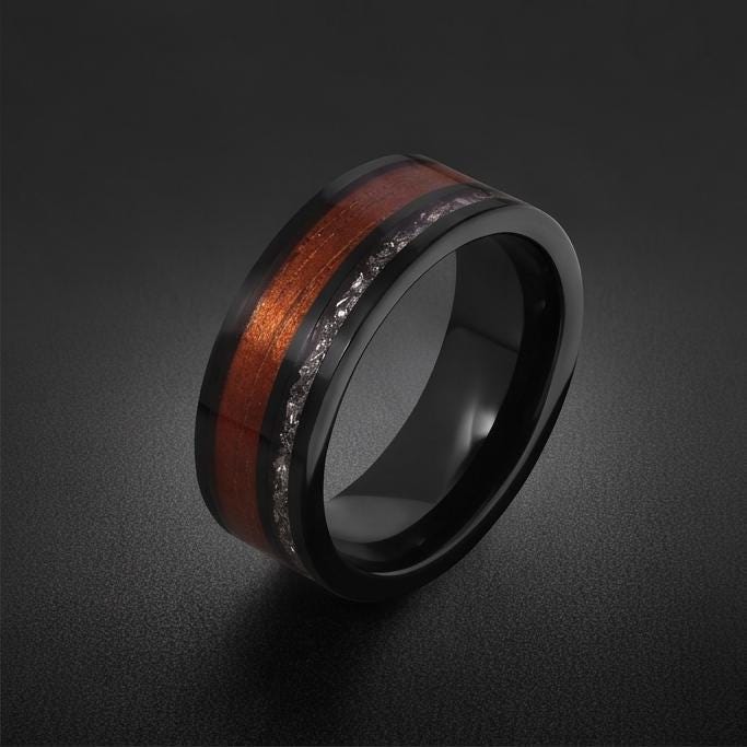 Men Black Tungsten Carbide Ring with Meteorite & Koa Wood ~ Modern Nature Groom Wedding Band ~ Earthy Wedding Anniversary Gif