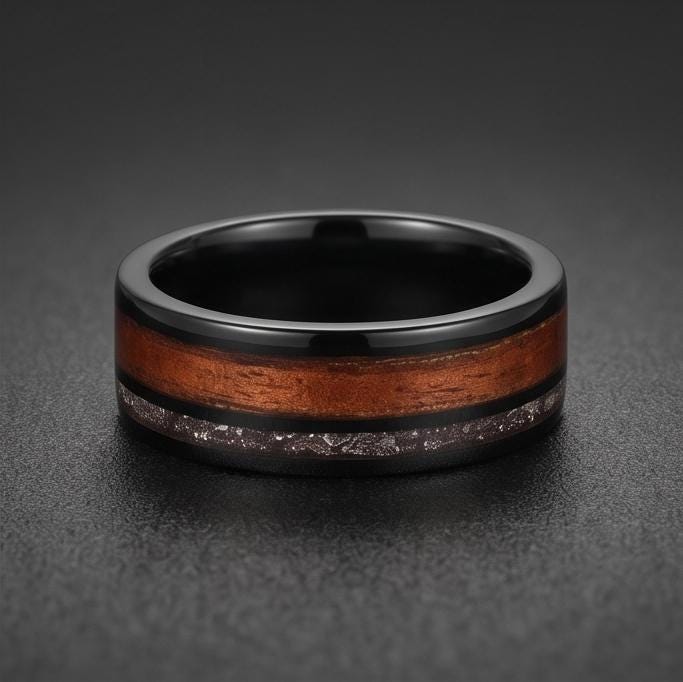Men Black Tungsten Carbide Ring with Meteorite & Koa Wood ~ Modern Nature Groom Wedding Band ~ Earthy Wedding Anniversary Gif