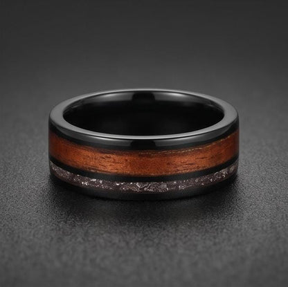 Men Black Tungsten Carbide Ring with Meteorite & Koa Wood ~ Modern Nature Groom Wedding Band ~ Earthy Wedding Anniversary Gif