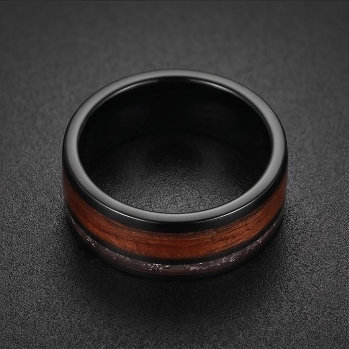 Men Black Tungsten Carbide Ring with Meteorite & Koa Wood ~ Modern Nature Groom Wedding Band ~ Earthy Wedding Anniversary Gif