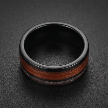 Men Black Tungsten Carbide Ring with Meteorite & Koa Wood ~ Modern Nature Groom Wedding Band ~ Earthy Wedding Anniversary Gif