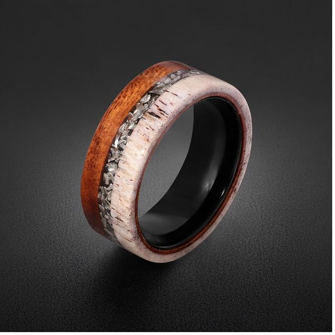 Meteorite Ring with Ironwood, Antler Ring, Black Tungsten Ring, Black Wedding Ring, Mens Wedding Band, Mens Ring, Anniversary