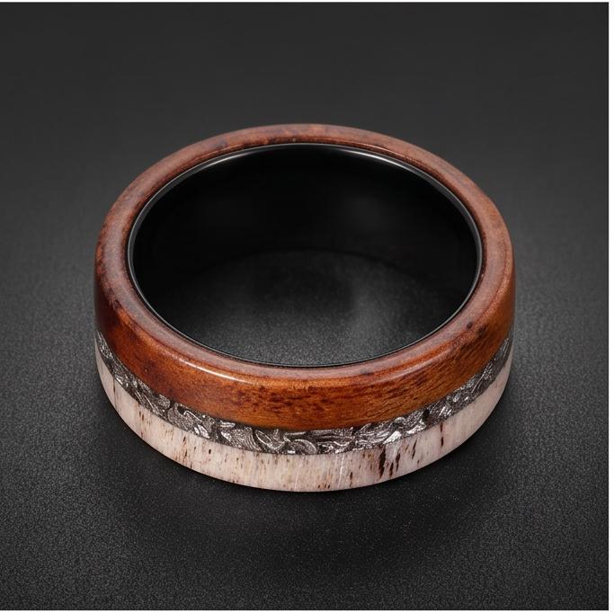 Meteorite Ring with Ironwood, Antler Ring, Black Tungsten Ring, Black Wedding Ring, Mens Wedding Band, Mens Ring, Anniversary
