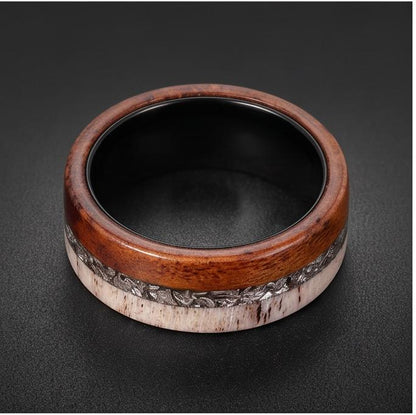 Meteorite Ring with Ironwood, Antler Ring, Black Tungsten Ring, Black Wedding Ring, Mens Wedding Band, Mens Ring, Anniversary