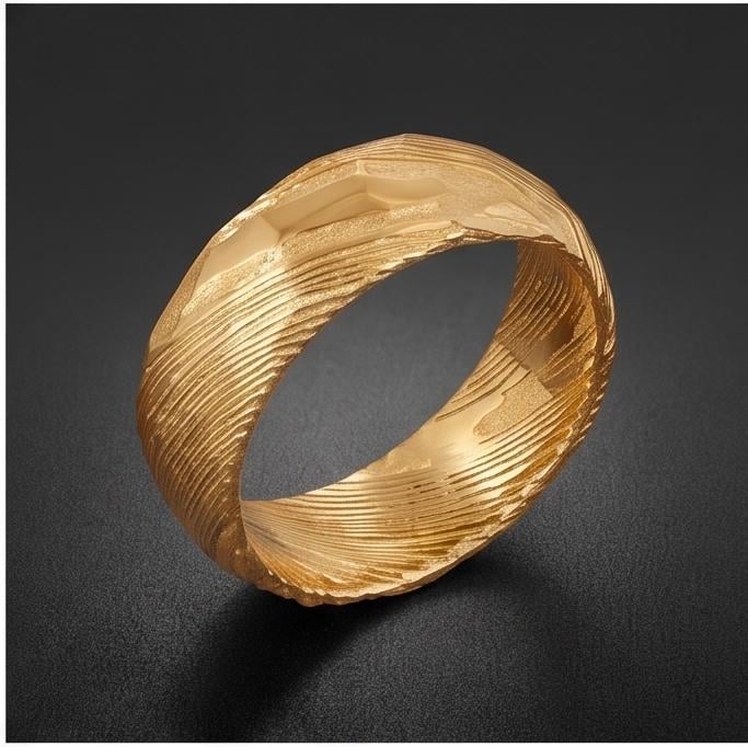 Gold Damascus Ring, Hammered Gold Ring, Gold Wedding Ring, Men Wedding Ring, Mens Ring, Anniversary Ring, Engagement Ring, 8m