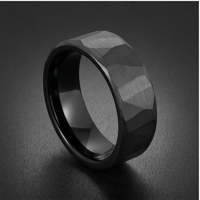 Black Hammered Tungsten Ring | Brushed 8mm Men’s Wedding Band ~ Personalized Alternative Groom Ring with Free Engraving ~ Roc