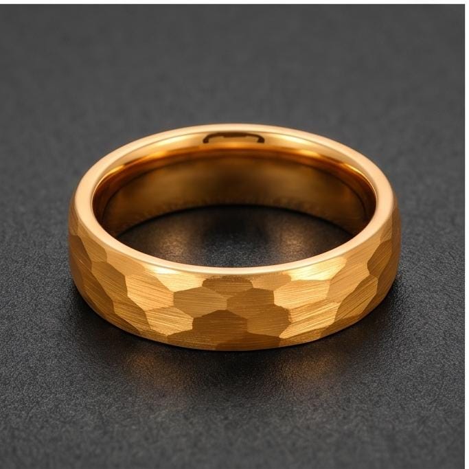 Custom Engraved Gold Tungsten Ring | Personalized Hammered Wedding Band in 4mm or 6mm ~ Personalized Gift for Him or Her - im