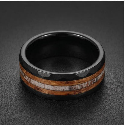 Charred whiskey barrel ring with antler, antler ring, hammered tungsten ring, hammered black ring, black tungsten ring, black