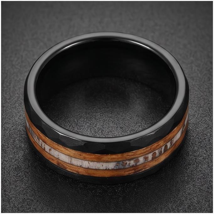 Charred whiskey barrel ring with antler, antler ring, hammered tungsten ring, hammered black ring, black tungsten ring, black