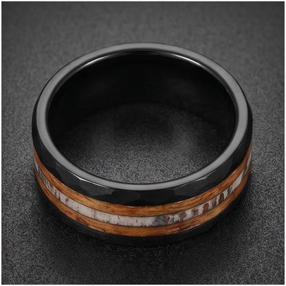 Charred whiskey barrel ring with antler, antler ring, hammered tungsten ring, hammered black ring, black tungsten ring, black