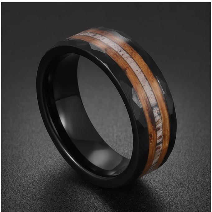 Charred whiskey barrel ring with antler, antler ring, hammered tungsten ring, hammered black ring, black tungsten ring, black