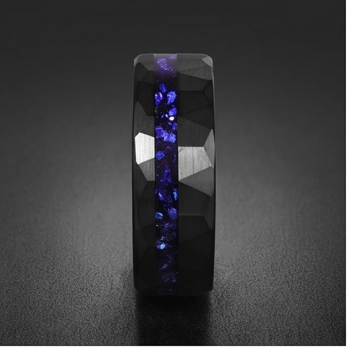 Black Sapphire Tungsten Ring | 8mm Hammered Mens Wedding Band ~ Sapphire Tungsten Carbide Ring - Black Sapphire Statement Jew