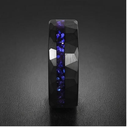 Black Sapphire Tungsten Ring | 8mm Hammered Mens Wedding Band ~ Sapphire Tungsten Carbide Ring - Black Sapphire Statement Jew