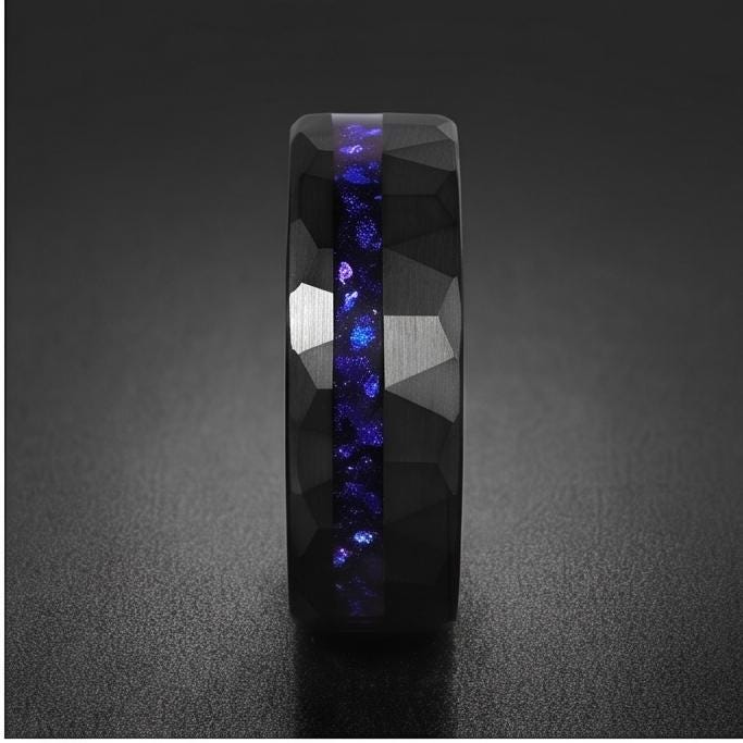 Black Sapphire Tungsten Ring | 8mm Hammered Mens Wedding Band ~ Sapphire Tungsten Carbide Ring - Black Sapphire Statement Jew