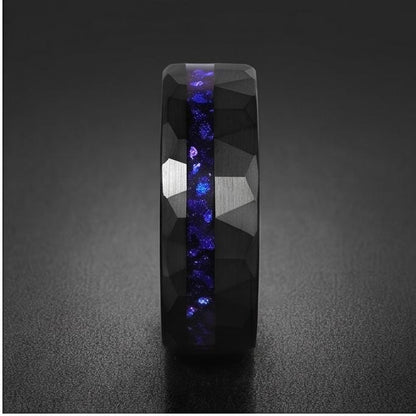 Black Sapphire Tungsten Ring | 8mm Hammered Mens Wedding Band ~ Sapphire Tungsten Carbide Ring - Black Sapphire Statement Jew