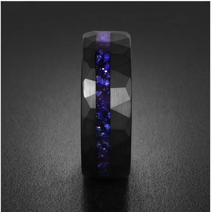 Black Sapphire Tungsten Ring | 8mm Hammered Mens Wedding Band ~ Sapphire Tungsten Carbide Ring - Black Sapphire Statement Jew