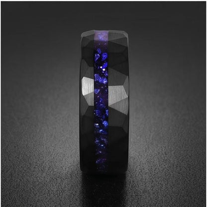 Black Sapphire Tungsten Ring | 8mm Hammered Mens Wedding Band ~ Sapphire Tungsten Carbide Ring - Black Sapphire Statement Jew