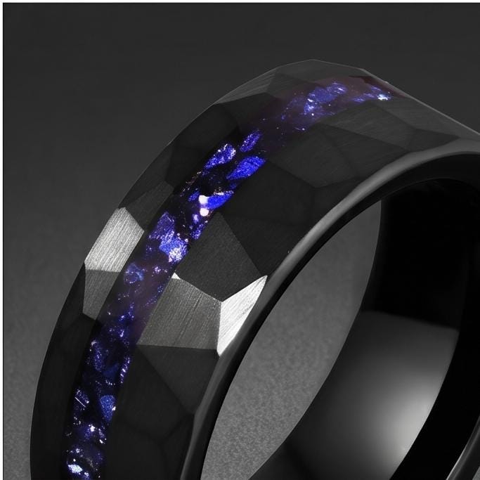 Black Sapphire Tungsten Ring | 8mm Hammered Mens Wedding Band ~ Sapphire Tungsten Carbide Ring - Black Sapphire Statement Jew