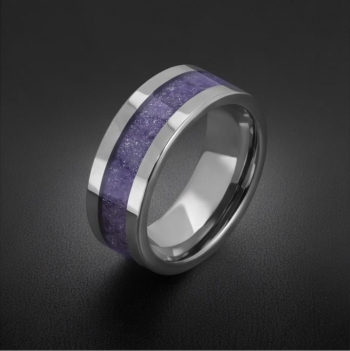 Silver Tungsten Ring with Tanzanite | Deep Blue Violet Wedding Band for Modern Couples | Durable Sparkling Timeless Anniversa