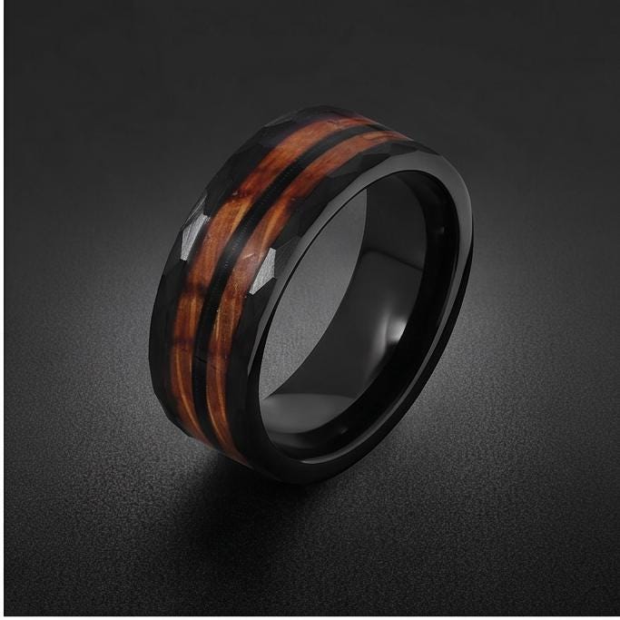 Hammered Tungsten Ring with Charred Whiskey Barrel Wood Guitar String Inlay | Durable Handmade Men Wedding Band ~ Music Lover