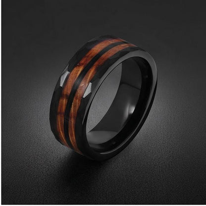 Hammered Tungsten Ring with Charred Whiskey Barrel Wood Guitar String Inlay | Durable Handmade Men Wedding Band ~ Music Lover