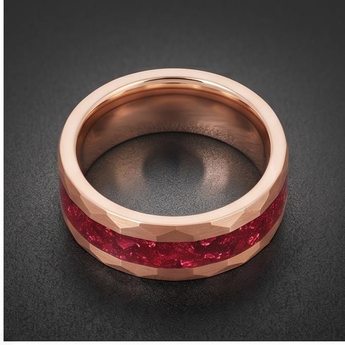Hammered Rose Gold Ruby Ring | Handcrafted Elegant Ruby Jewelry ~ Rose Gold Statement Ring - Anniversary Birthday Gift For He