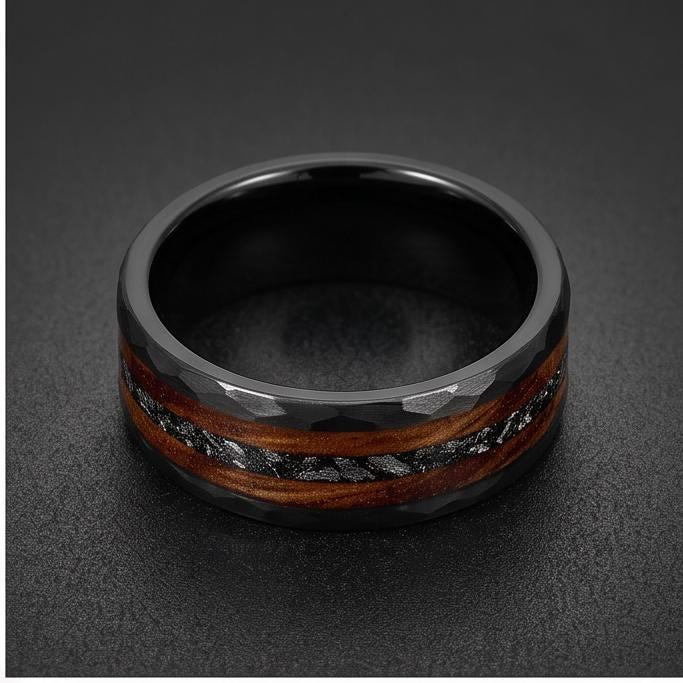 Charred Whiskey Barrel & Meteorite Ring, Hammered Black Tungsten Ring, Black Wedding Ring, Mens Wedding Band, Mens Ring, Anni