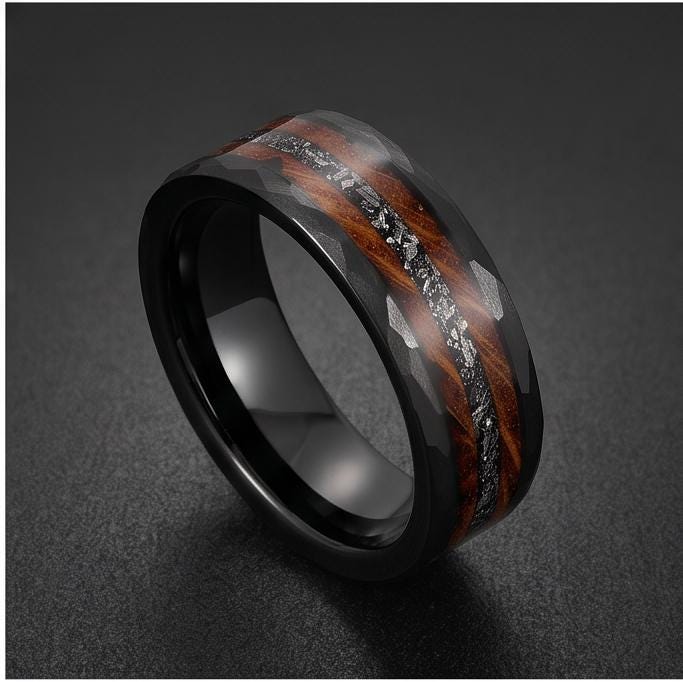 Charred Whiskey Barrel & Meteorite Ring, Hammered Black Tungsten Ring, Black Wedding Ring, Mens Wedding Band, Mens Ring, Anni