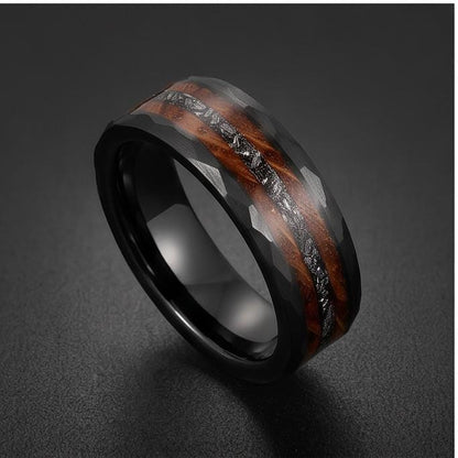 Charred Whiskey Barrel & Meteorite Ring, Hammered Black Tungsten Ring, Black Wedding Ring, Mens Wedding Band, Mens Ring, Anni