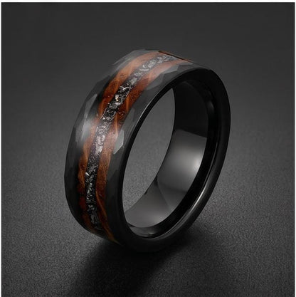 Charred Whiskey Barrel & Meteorite Ring, Hammered Black Tungsten Ring, Black Wedding Ring, Mens Wedding Band, Mens Ring, Anni