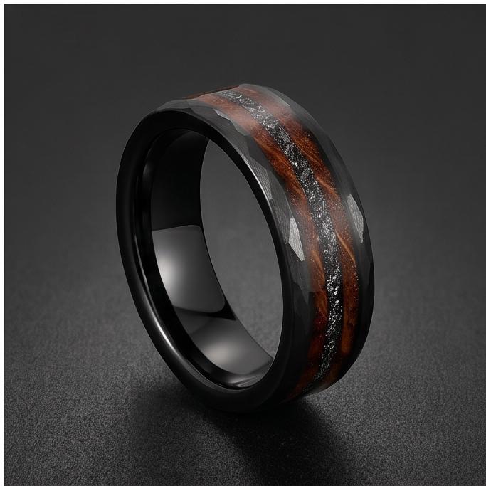 Charred Whiskey Barrel & Meteorite Ring, Hammered Black Tungsten Ring, Black Wedding Ring, Mens Wedding Band, Mens Ring, Anni
