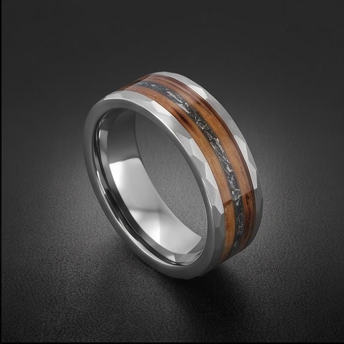 Charred Whiskey Barrel & Meteorite Ring, Hammered Silver Tungsten Ring, Silver Wedding Ring, Mens Wedding Band, Mens Ring, An