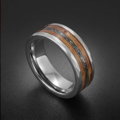 Charred Whiskey Barrel & Meteorite Ring, Hammered Silver Tungsten Ring, Silver Wedding Ring, Mens Wedding Band, Mens Ring, An