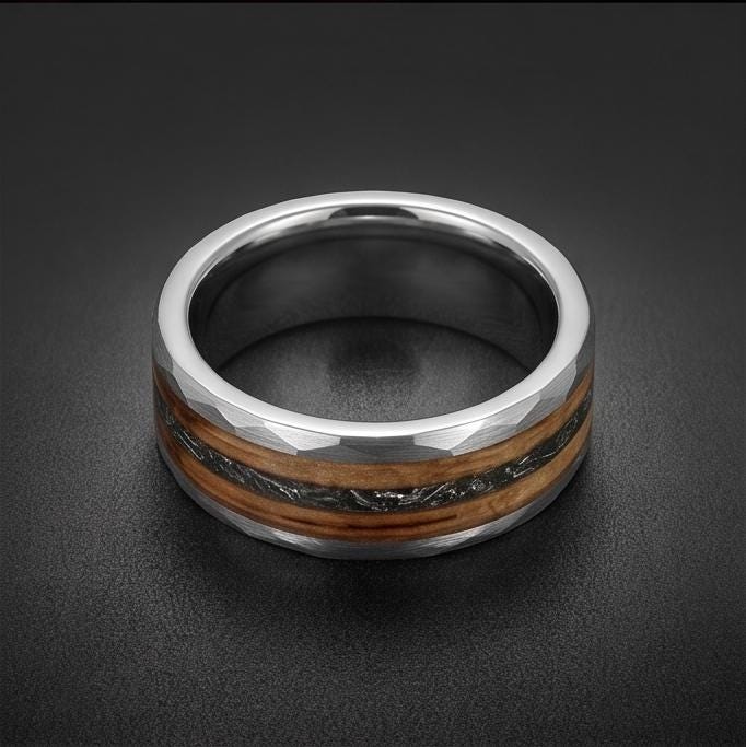 Charred Whiskey Barrel & Meteorite Ring, Hammered Silver Tungsten Ring, Silver Wedding Ring, Mens Wedding Band, Mens Ring, An