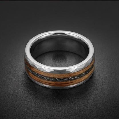 Charred Whiskey Barrel & Meteorite Ring, Hammered Silver Tungsten Ring, Silver Wedding Ring, Mens Wedding Band, Mens Ring, An
