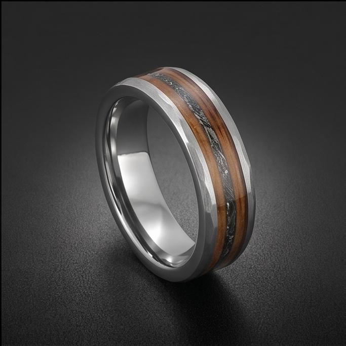 Charred Whiskey Barrel & Meteorite Ring, Hammered Silver Tungsten Ring, Silver Wedding Ring, Mens Wedding Band, Mens Ring, An