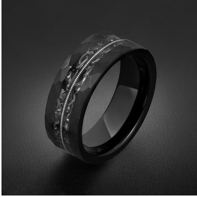 Men Black Hammered Tungsten Carbide Ring with Meteorite & Guitar String | 8mm Wedding Band for Musician | Anniversary Engagem