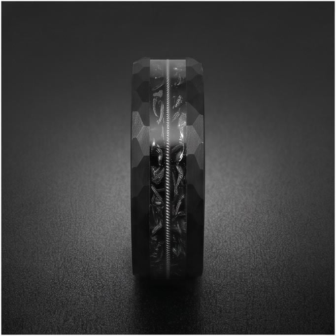Men Black Hammered Tungsten Carbide Ring with Meteorite & Guitar String | 8mm Wedding Band for Musician | Anniversary Engagem