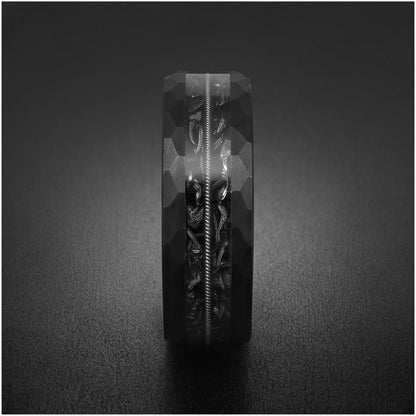 Men Black Hammered Tungsten Carbide Ring with Meteorite & Guitar String | 8mm Wedding Band for Musician | Anniversary Engagem