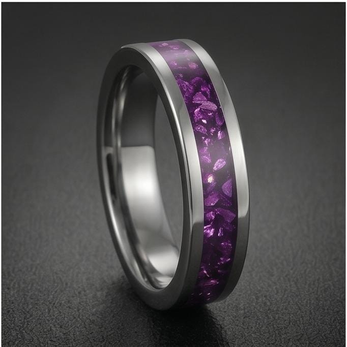 Silver Tungsten Carbide Purple Wedding Band with Amethyst ~ Purple Wedding Ring for Her or Him ~ Statement Jewelry ~ Amethyst