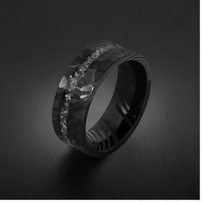 Meteorite Ring, Hammered Damascus Ring, Hammered Black Ring, Black Wedding Ring, Mens Wedding Band, Anniversary Ring, 8mm Rin