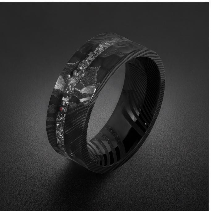 Meteorite Ring, Hammered Damascus Ring, Hammered Black Ring, Black Wedding Ring, Mens Wedding Band, Anniversary Ring, 8mm Rin