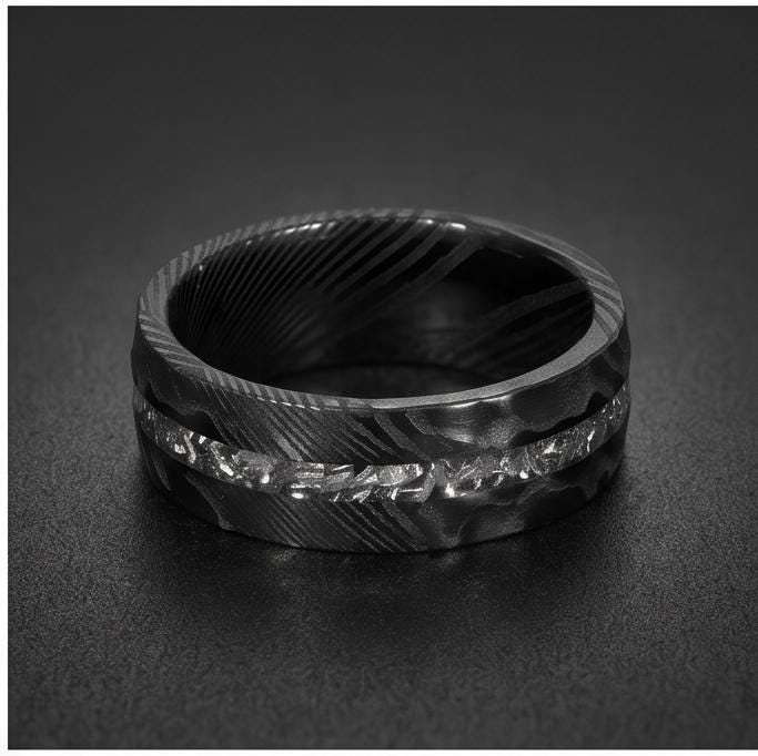 Meteorite Ring, Hammered Damascus Ring, Hammered Black Ring, Black Wedding Ring, Mens Wedding Band, Anniversary Ring, 8mm Rin